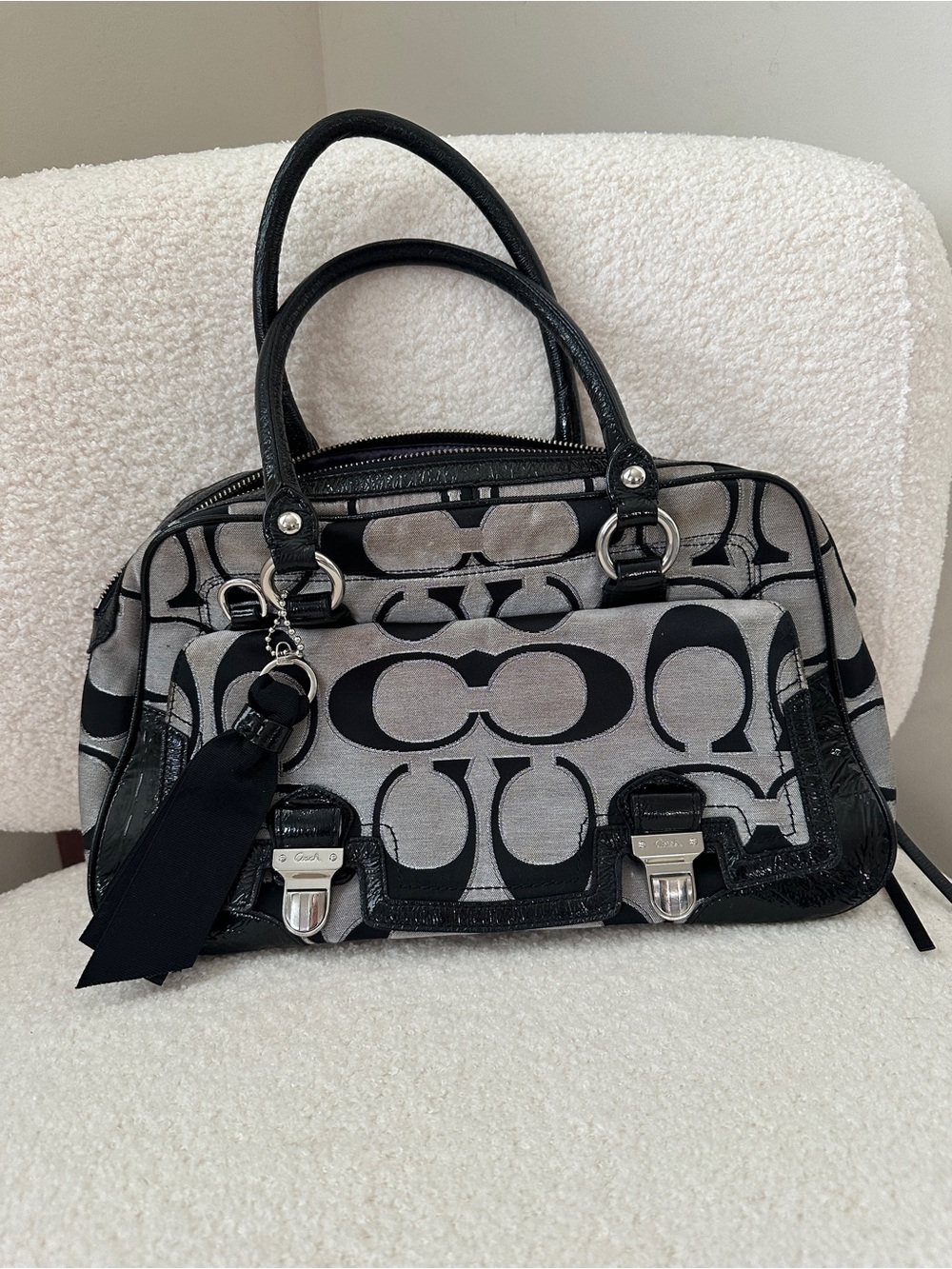 Coach poppy Black and Gray Signature Satchel with Silver Hardware vintage